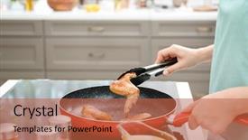  Presentation with frying - Presentation theme enhanced with woman cooking chicken wings background and a red colored foreground