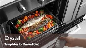  Presentation with cooking - Colorful slide set enhanced with woman cooking fish with vegetables backdrop and a tawny brown colored foreground