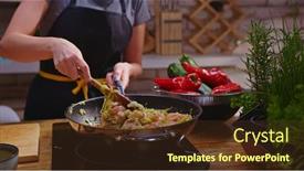  Presentation with frying - Slide deck featuring woman-cooking-frying-chicken-meat background and a tawny brown colored foreground