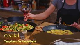  Presentation with wine tasting - Amazing slide set having woman-cooking-frying-meat backdrop and a tawny brown colored foreground