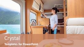  Presentation with cooking - Colorful slide deck enhanced with woman-cooking-in-camper-motorhome backdrop and a coral colored foreground