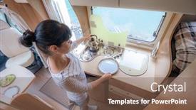  Presentation with cooking - Audience pleasing presentation theme consisting of woman-cooking-in-camper-motorhome backdrop and a violet colored foreground