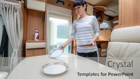  Presentation with caravan - PPT theme featuring woman-cooking-in-camper-motorhome background and a light gray colored foreground