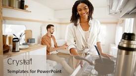  Presentation with camping - PPT theme consisting of woman-cooking-in-rv-kitchen background and a coral colored foreground