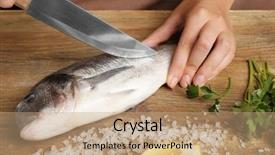  Presentation with cooking - Presentation theme consisting of woman cooking raw fish background and a coral colored foreground
