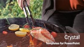  Presentation with summer outdoor bbq grill party - Slide set consisting of woman cooking salmon steak background and a tawny brown colored foreground