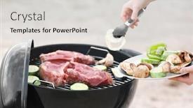 Presentation with steaks - PPT layouts with woman cooking tasty steaks and vegetables on barbecue grill closeup background and a light gray colored foreground