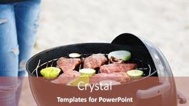  Presentation with steaks - Theme having woman cooking tasty steaks and vegetables on barbecue grill closeup background and a coral colored foreground