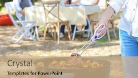  Presentation with steaks - Presentation design enhanced with woman cooking tasty steaks and vegetables on barbecue grill outdoors background and a coral colored foreground