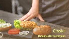  Presentation with burger - Amazing PPT theme having woman cooking tasty turkey burger backdrop and a coral colored foreground