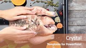  Presentation with herbs and spices - Cool new PPT layouts with woman cooking turkey with spices backdrop and a coral colored foreground