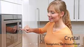  Presentation with cooking - Presentation having woman cooking with a microwave background and a coral colored foreground