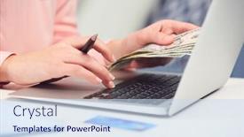  Presentation with counting - Amazing PPT layouts having woman counting money and making calculations backdrop and a sky blue colored foreground