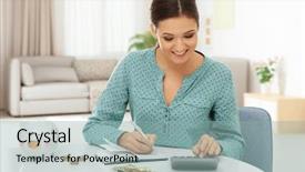  Presentation with law and taxes - Colorful theme enhanced with woman counting taxes at table backdrop and a light blue colored foreground