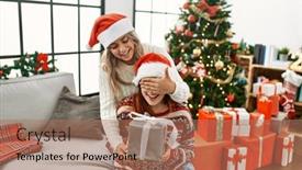  Presentation with christmas tree - Slide set featuring woman-couple-surprise-with-gift and a coral colored foreground