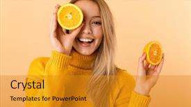  Presentation with blue eyes technology eye scan - Amazing PPT theme having woman covering eyes with citrus backdrop and a gold colored foreground
