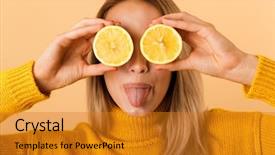  Presentation with eyes - Amazing PPT layouts having woman covering eyes with citrus backdrop and a gold colored foreground