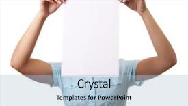  Presentation with white sheet - Slide set having woman covering her face with blank sheet of paper isolated on white background and a light blue colored foreground