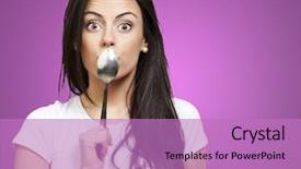  Presentation with spoon - Presentation theme consisting of woman covering her mouth with a spoon against a pink background background and a coral colored foreground