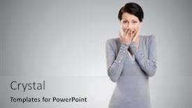 Presentation with mouth - Amazing PPT theme having woman-covers-her-mouth backdrop and a light gray colored foreground