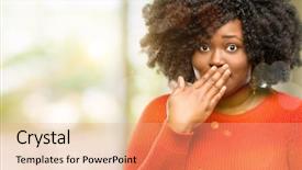  Presentation with african woman - Slide deck enhanced with woman covers mouth in shock background and a coral colored foreground