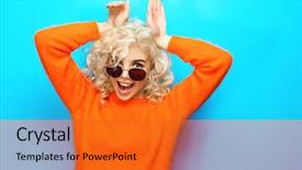  Presentation with crazy - Presentation theme enhanced with woman crazy - portrait of funny girl background and a gold colored foreground