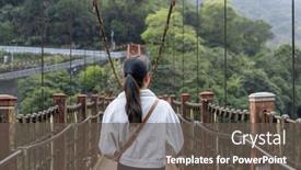  Presentation with crossing bridge - PPT layouts consisting of woman-crossing-the-suspension-bridge background and a dark gray colored foreground