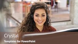  Presentation with call center - Cool new slide deck with woman-customer-operator-with-headset backdrop and a tawny brown colored foreground