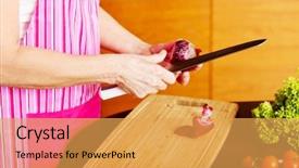  Presentation with red onion - Presentation enhanced with woman cut red onion on cutting board background and a yellow colored foreground