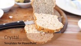  Presentation with tapas - Cool new slide deck with woman cut the home made bread on wooden board near tapas outside cafe backdrop and a coral colored foreground