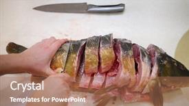  Presentation with fish - Audience pleasing slide set consisting of woman cuts big raw fish backdrop and a  colored foreground