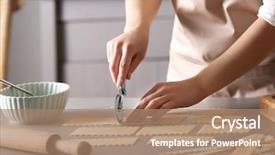  Presentation with dough - Amazing PPT theme having woman cutting dough for ravioli backdrop and a coral colored foreground