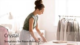  Presentation with paper making - Presentation design having woman cutting fabric by edge background and a lemonade colored foreground