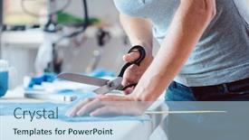  Presentation with fabric - Amazing PPT theme having woman-cutting-fabric-with-tailor backdrop and a light blue colored foreground