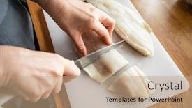  Presentation with fish - Presentation having woman-cutting-fresh-fish-fillet background and a coral colored foreground