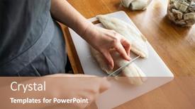  Presentation with fish - Beautiful slide set featuring woman-cutting-fresh-fish-fillet backdrop and a coral colored foreground