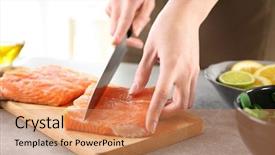  Presentation with cutting board - Slide set consisting of woman cutting fresh salmon fillet background and a coral colored foreground