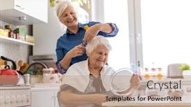  Presentation with elderly home - Beautiful presentation featuring woman-cutting-her-elderly-mother backdrop and a coral colored foreground