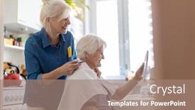  Presentation with elderly home - Colorful presentation theme enhanced with woman-cutting-her-elderly-mother backdrop and a coral colored foreground
