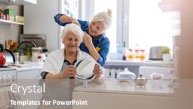  Presentation with elderly home - Audience pleasing PPT theme consisting of woman-cutting-her-elderly-mother backdrop and a gray colored foreground