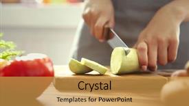  Presentation with kitchen - Colorful slide deck enhanced with woman cutting vegetables on kitchen backdrop and a gold colored foreground