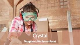  Presentation with apprenticeship - PPT theme consisting of woman cutting wood with grinder during her apprenticeship background and a coral colored foreground