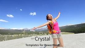  Presentation with hiking mountain - PPT layouts with woman dancing in mountain landscape background and a light gray colored foreground