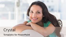  Presentation with living room - Colorful slide deck enhanced with smiling women - pretty brunette relaxing backdrop and a coral colored foreground