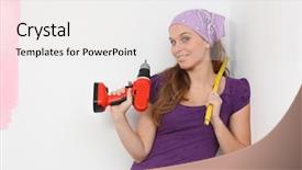  Presentation with cordless - Audience pleasing slide set consisting of woman decorating house with cordless electric drill and tape measure backdrop and a light gray colored foreground