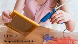  Presentation with picture frame - Cool new slides with woman-decorating-picture-frame backdrop and a red colored foreground