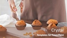  Presentation with cupcakes - Presentation design with woman decorating tasty cupcakes with cream at table background and a tawny brown colored foreground