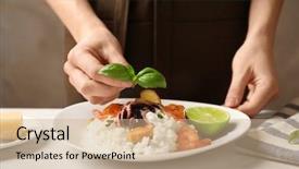  Presentation with seafood - Cool new presentation design with woman decorating tasty seafood risotto backdrop and a  colored foreground