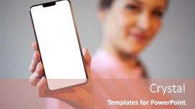  Presentation with application - PPT layouts featuring woman-demonstrating-new-modern-smartphone background and a coral colored foreground