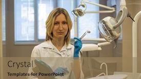  Presentation with dental instrument - Colorful presentation enhanced with woman dentist doctor with instrument in dental office stomatology and healthcare concept backdrop and a coral colored foreground